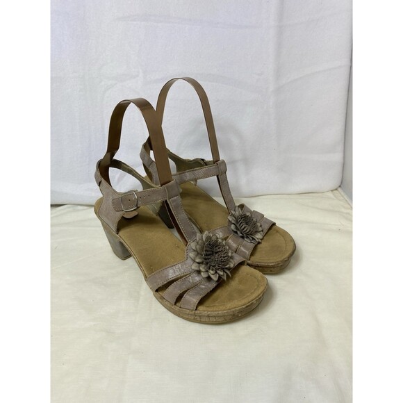 Rieker Womens Silver T-Strap Block Heel Slingback Sandal Size 7.5/38 - Picture 1 of 11